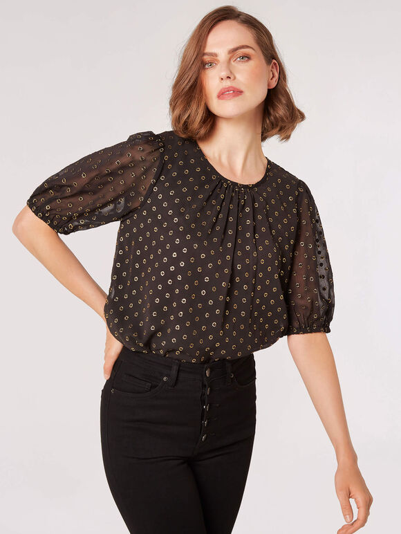 Foil Spot Pintuck Blouse, Black, large