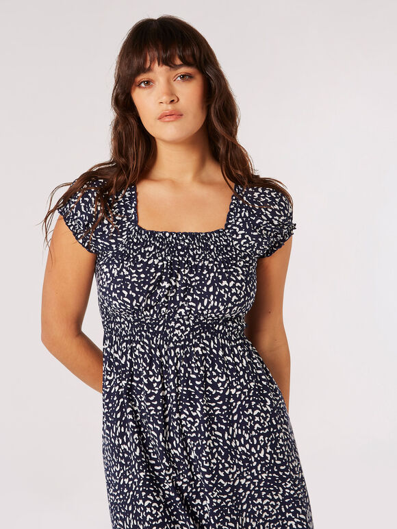 Brush Spot Milkmaid Midi Dress, Navy, large