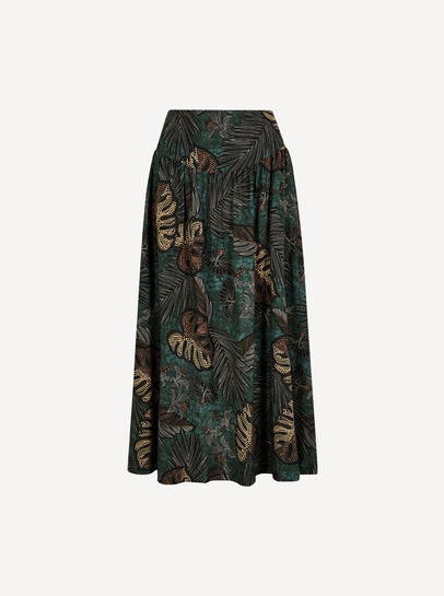 Tropical Leaf Print A-Line Midi Skirt