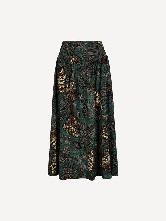 Tropical Leaf Print A-Line Midi Skirt, Green, large