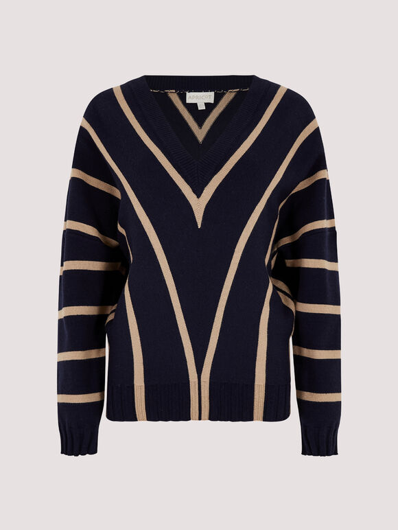 Chevron V Neck Jumper, Navy, large