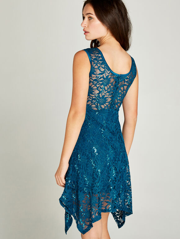 Sequin Lace Hanky Hem Skater Dress, Teal, large