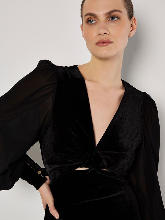 Velvet Twist Bodice Midi Dress, Black, large