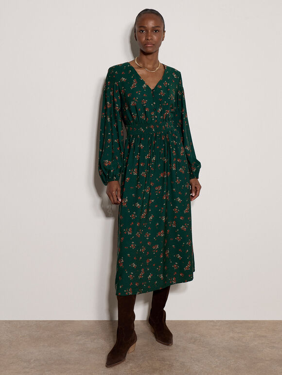 Vintage Floral Smocked Midi Dress, Pine Green, large