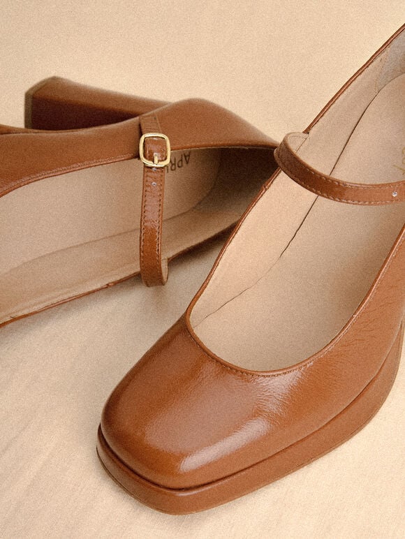 Heeled Mary Jane Shoes, Brown, large