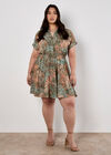 Tropical Leaf Print Smocked Mini Dress, Khaki, large