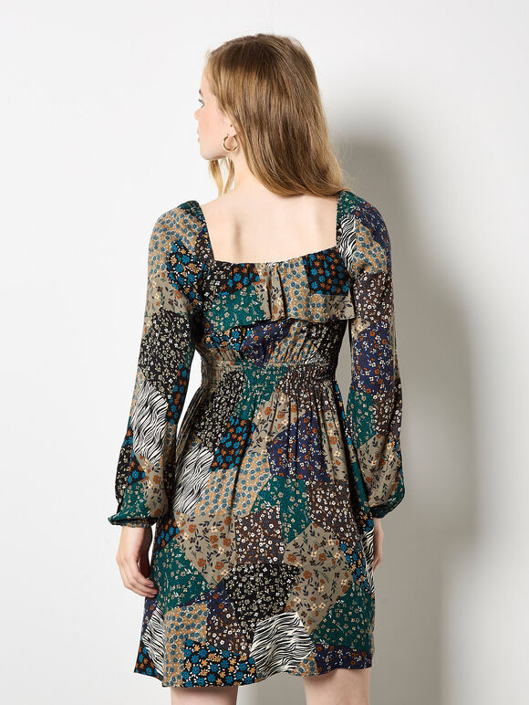 Patchwork Print Boho Mini Dress, Khaki, large