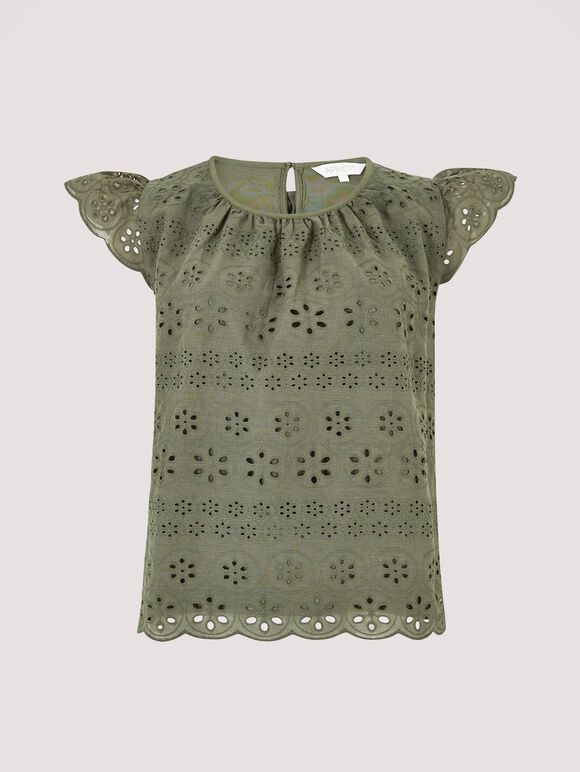 Broderie Anglaise Top, Khaki, large