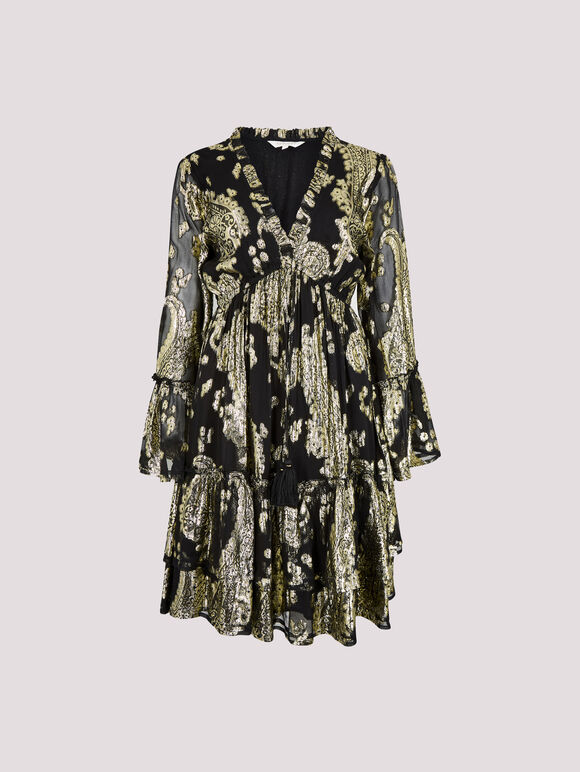 Gold Foil Paisley Mini Dress, Black, large