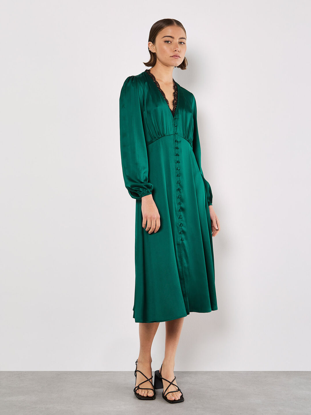 Image of Lace Trim Satin Midi Dress