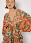 Satin Scarf Print Kaftan Mini Dress, Khaki, large