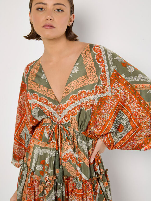 Satin Scarf Print Kaftan Mini Dress, Khaki, large