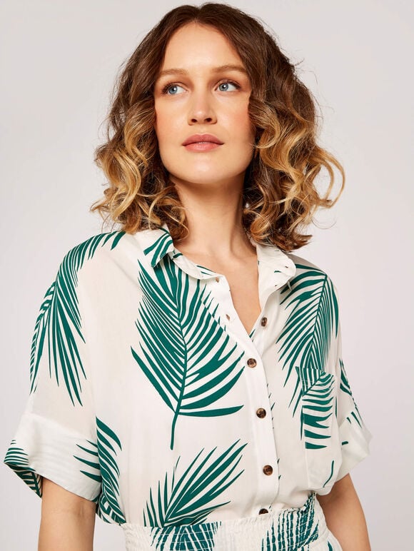 Palm Print Cropped Shirt, White, large