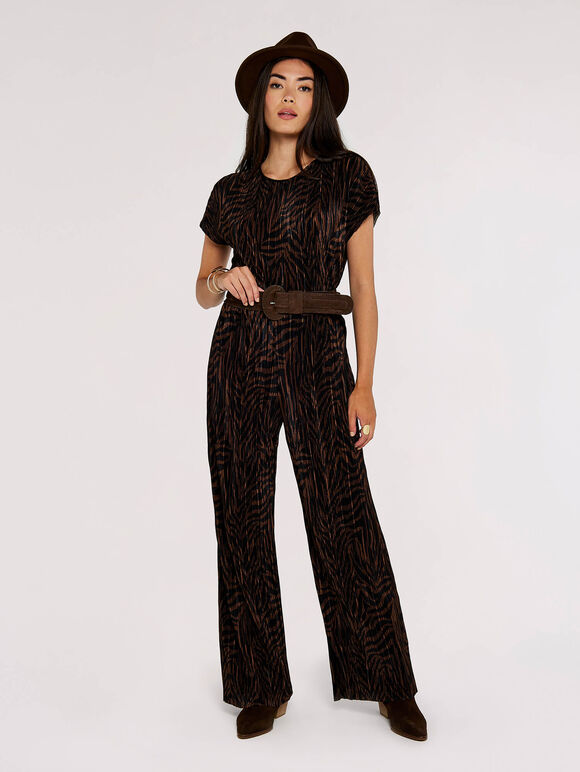 Zebra Plisse Palazzo Trouser, Brown, large