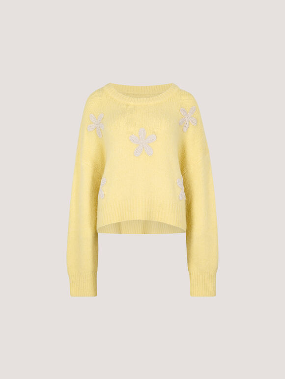 Daisy Applique Chunky Knit Jumper, Yellow, large