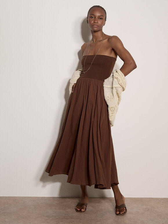 Jersey Waistband Cotton Midaxi Skirt, Brown, large