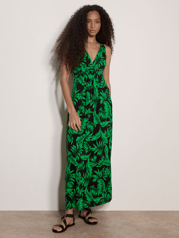 Tropical Leaf Jersey Maxi Dress, Black, large