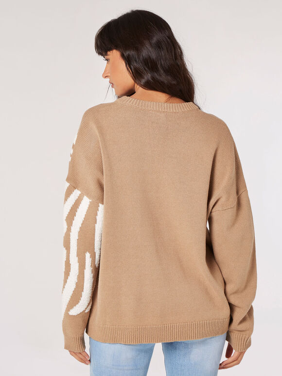 Oversized Zebra Pattern Jumper, Stone, large