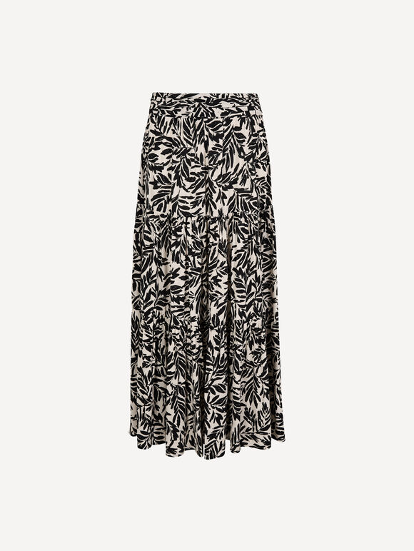 Leaf Print Tiered Midi Skirt, Cream, large