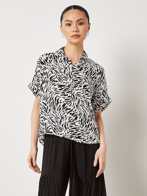 Brushstroke Print Short Sleeve Shirt, Black, large