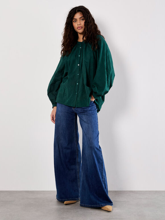 Floral Embroidered Cotton Shirt, Green, large