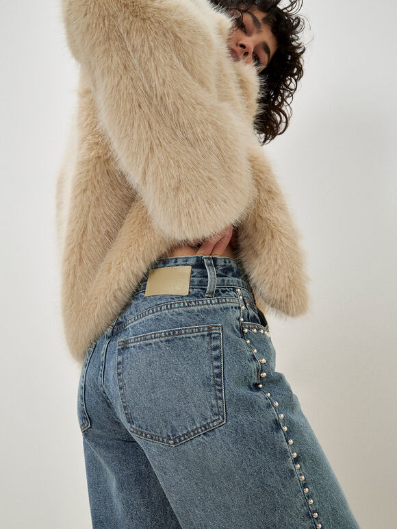 Maca Stud Embellished Wide Leg Jeans, Blue, large