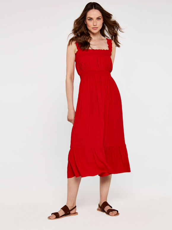 Check Smocked Midi Dress, Red, large