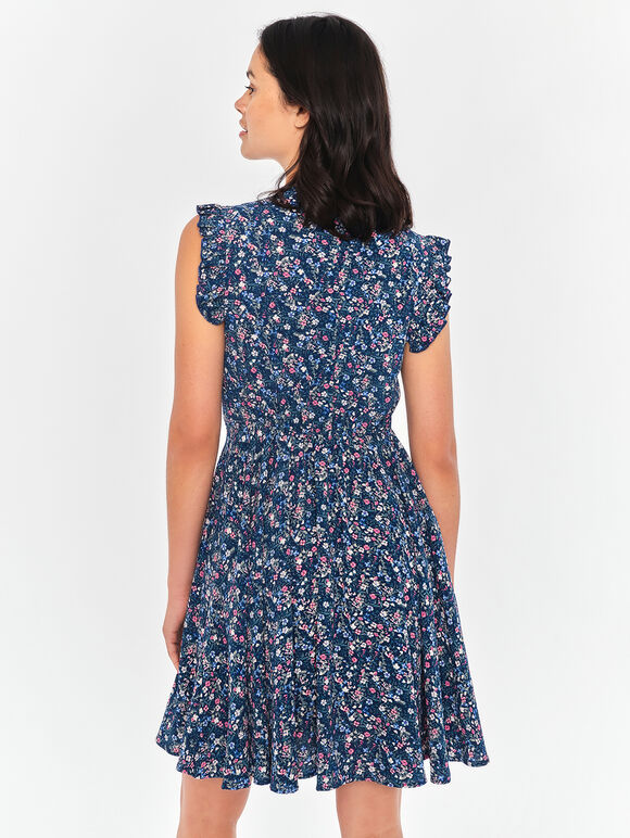 Micro Ditsy Ruffle Shoulder Dress, Navy, large