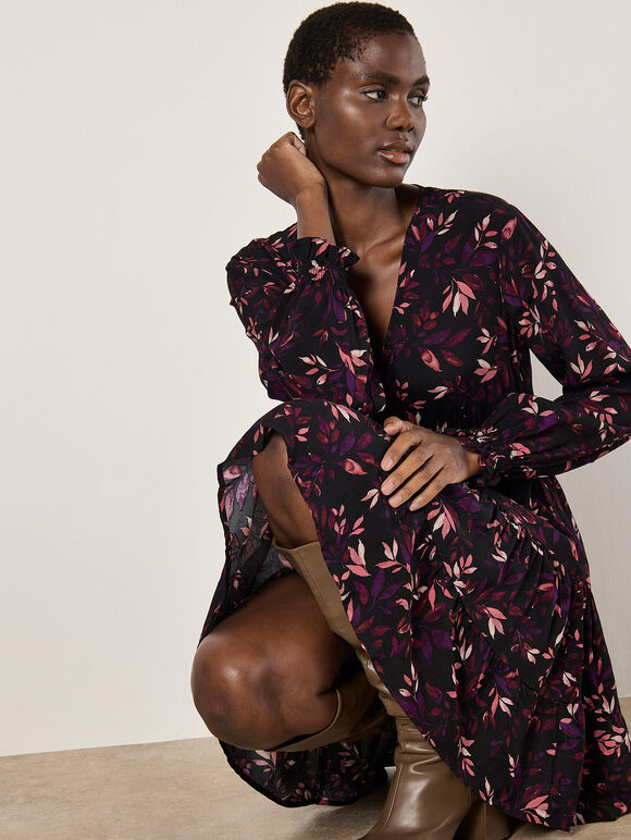 Leaf Print Mini Dress, Burgundy, large