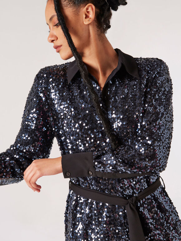 Sequin Shirt Mini Dress, Dark Grey - Charcoal, large