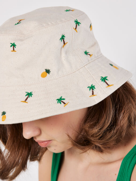 Tropical Palm Embroidered Bucket Hat, White, large