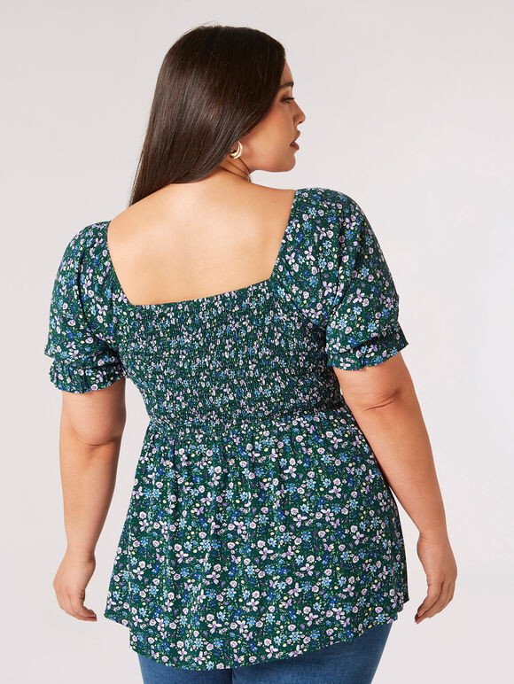 Curve Daisy Floral Milkmaid Top, Green, large