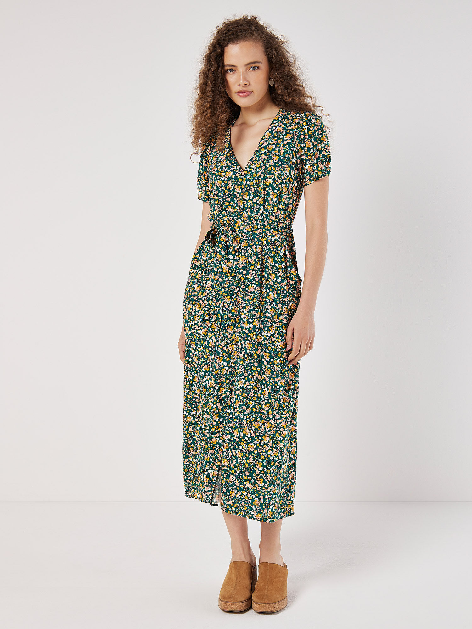 Ditsy Floral Decorative Button Midi Dress Apricot Clothing