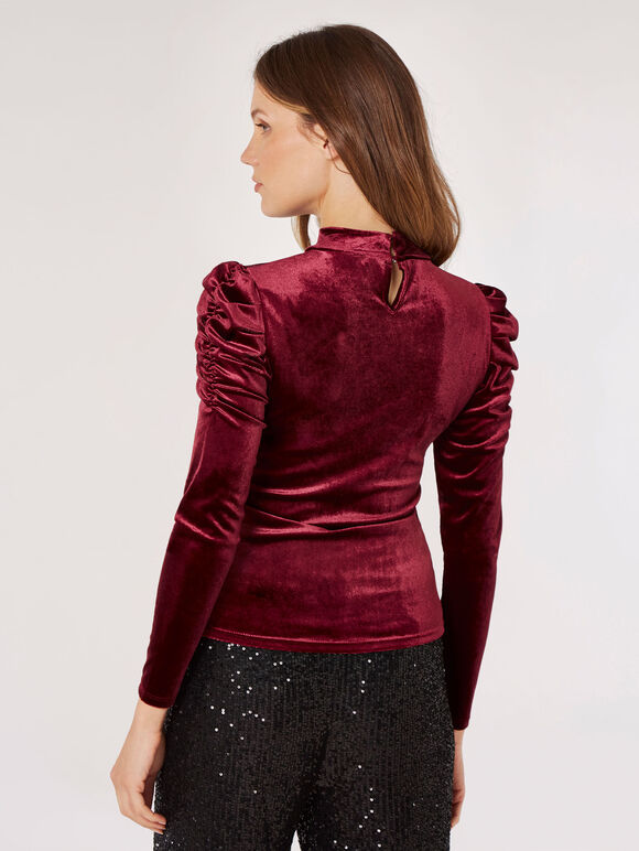 Ruched Shoulder Velvet Top , Burgundy, large