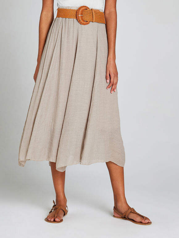Crinkle Midi Skirt, Brown, large