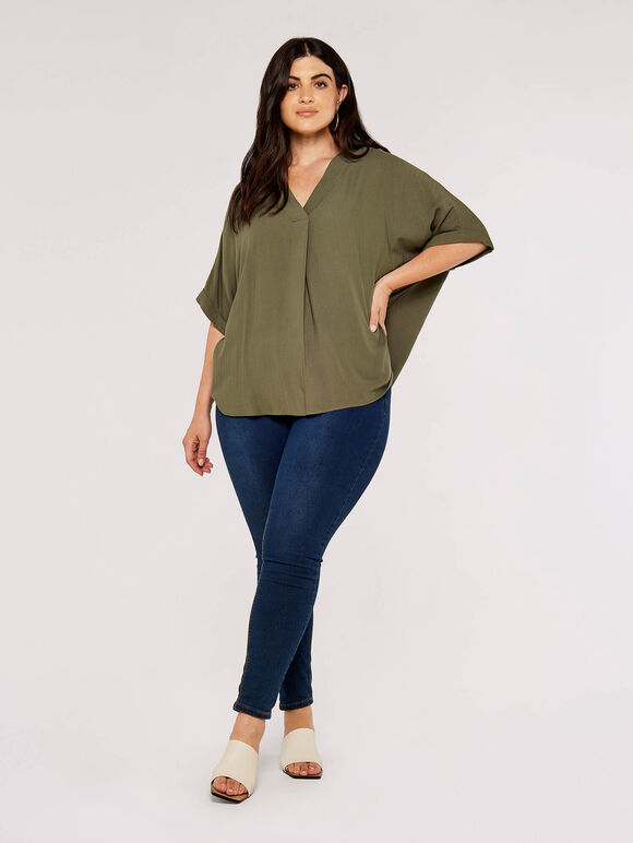 Chevron V Neck Top, Khaki, large