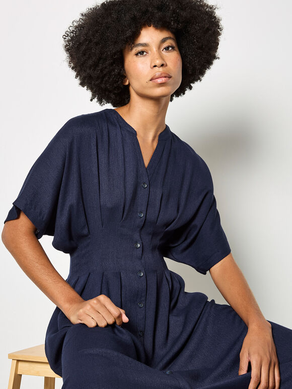 Pleated Shirt Midi Dress, Navy, large