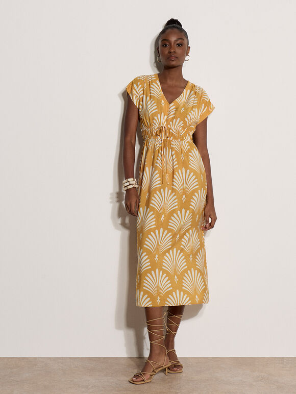 Fan Print Midaxi Dress, Mustard, large