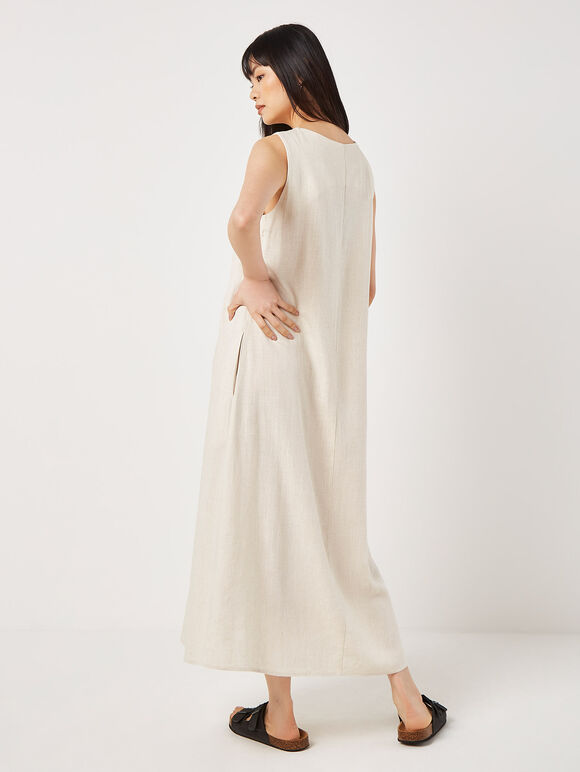 Linen Blend Zip Maxi Dress, Stone, large