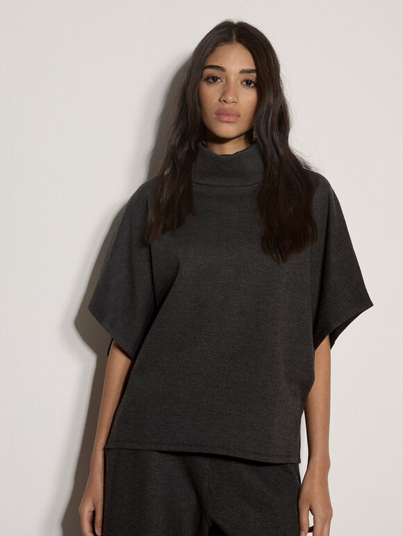 Herringbone Roll Neck Batwing Top, Dark Grey/Charcoal, large