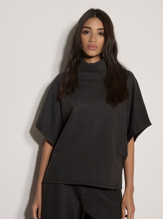 Herringbone Roll Neck Batwing Top, Dark Grey/Charcoal, large