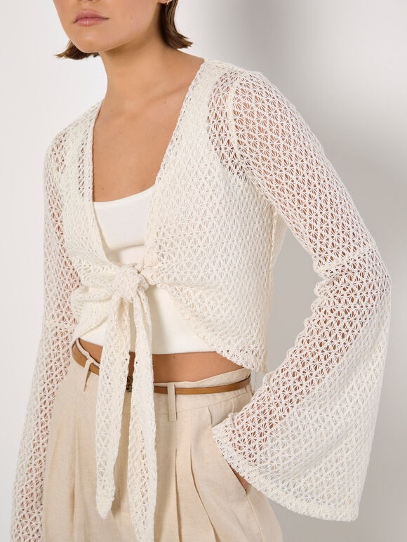 Crochet Mesh Bell Sleeve Cardigan, White, large
