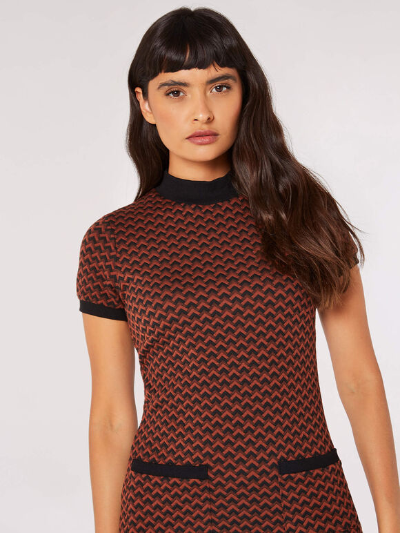 Chevron Jacquard Knit Mini Dress, Rust, large