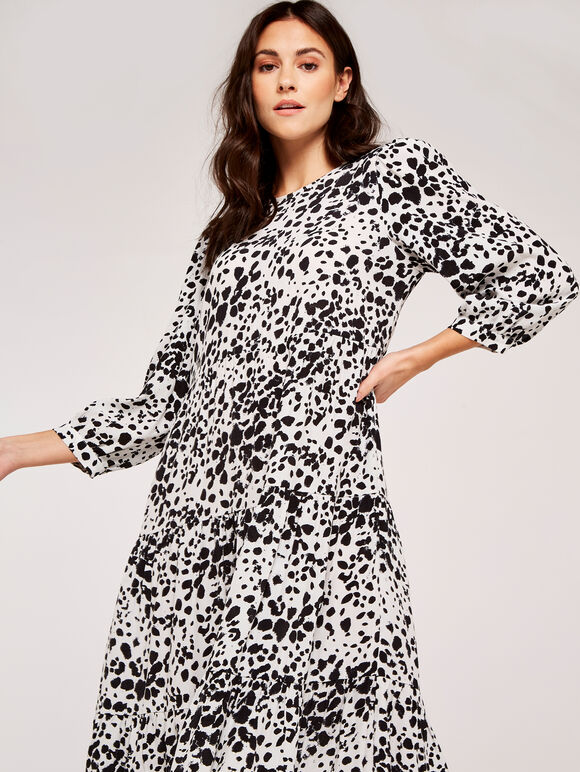 Tie Dye Spot Tiered Midi Dress, Cream, large