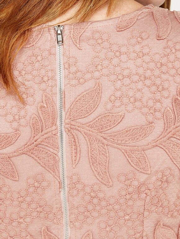 Applique Leaf Mesh Shift Dress, Pink, large