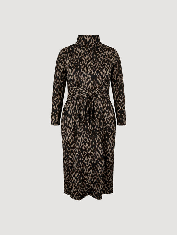 Curve Abstract Print Soft Knit Midi Dress, Brown, large