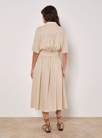Linen Blend Utility Shirt Midi Dress