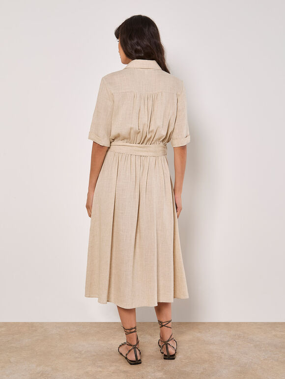 Linen Blend Utility Shirt Midi Dress, Stone, large