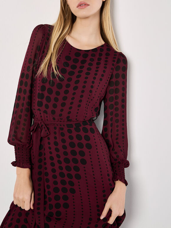 Spot Print Chiffon Midaxi Dress, Burgundy, large