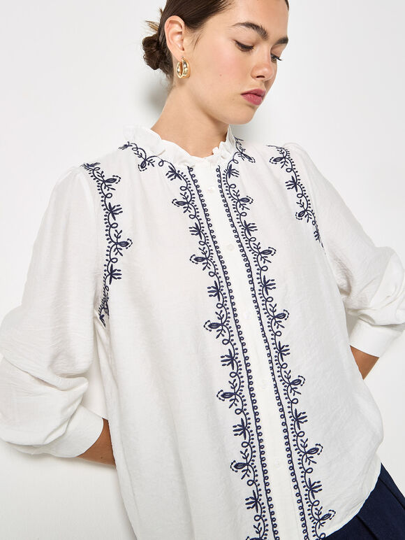 Ruffle Collar Embroidered Blouse, White, large